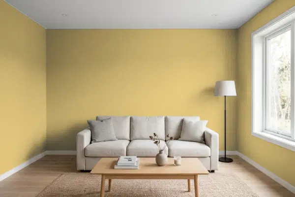 Living room with walls painted Benjamin Moore Princeton Gold HC-14 (simulated)