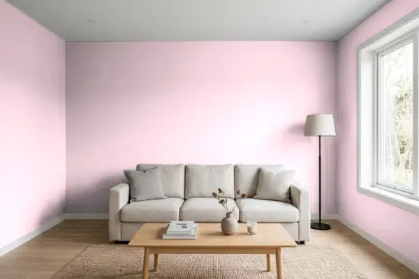 Living room with walls painted Sherwin-Williams Priscilla SW 6575 (simulated)