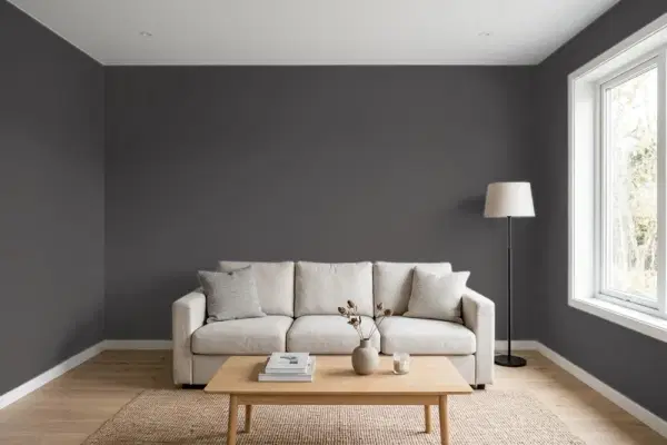 Living room with walls painted Behr Private Black N530-7 (simulated)