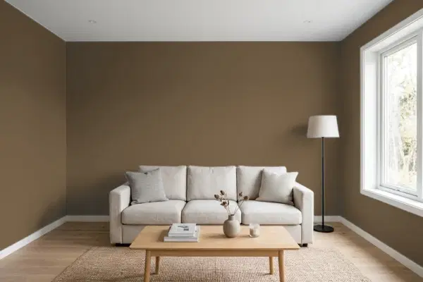 Living room with walls painted Sherwin-Williams Protégé Bronze SW 6153 (simulated)