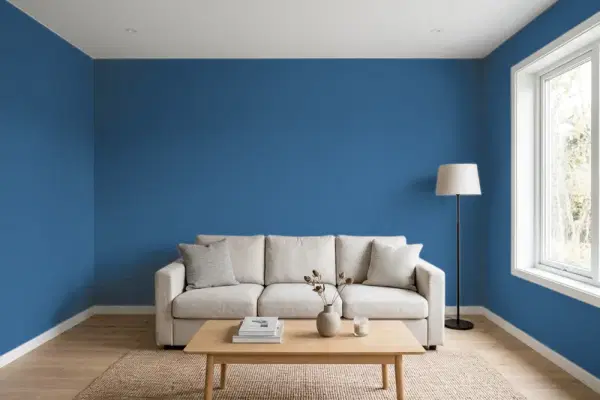 Living room with walls painted Benjamin Moore Prussian Blue CW-625 (simulated)