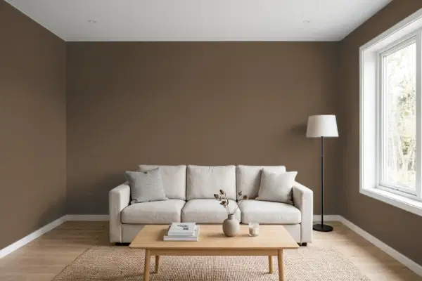 Living room with walls painted PPG Paints Pumpernickel 15-22 (simulated)