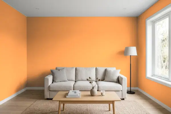 Living room with walls painted Valspar Pumpkin Burst 2005-1B (simulated)