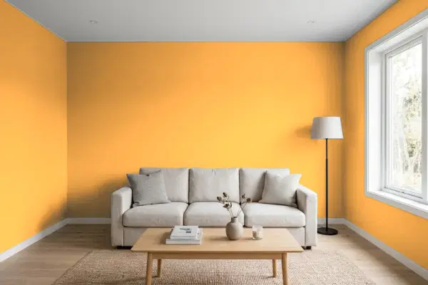 Living room with walls painted Valspar Pumpkin Butter 2007-1B (simulated)