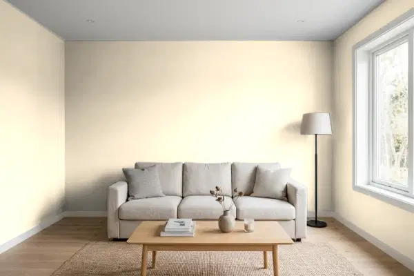 Living room with walls painted Benjamin Moore Pumpkin Seeds 113 (simulated)