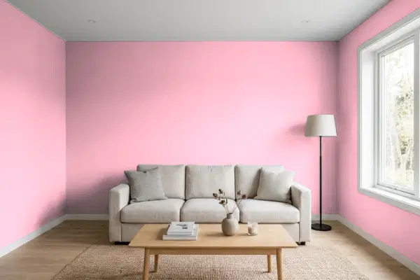 Living room with walls painted Benjamin Moore Pure Pink 1325 (simulated)