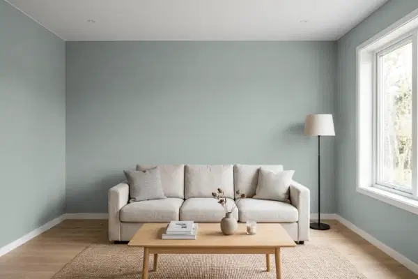 Living room with walls painted Benjamin Moore Puritan Gray HC-164 (simulated)