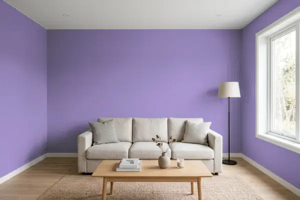 Living room with walls painted Behr Purple Agate PPU16-04 (simulated)