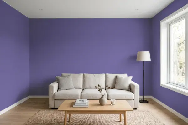 Living room with walls painted Behr Purple Balloon S-G-640 (simulated)