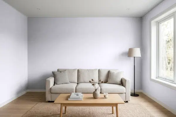 Living room with walls painted Behr Purple Essence 660E-2 (simulated)