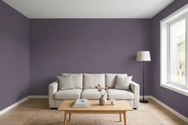 Living room with walls painted Valspar Purple Fury 4001-4C (simulated)