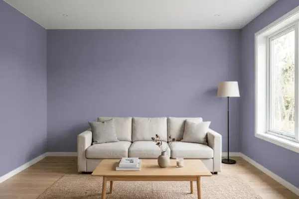 Living room with walls painted Benjamin Moore Purple Haze CC-980 (simulated)