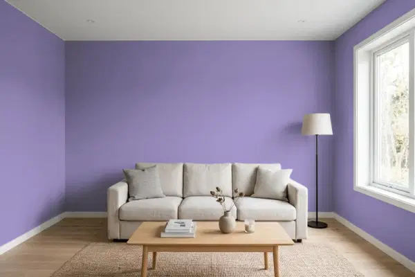 Living room with walls painted Benjamin Moore Purple Heart 1406 (simulated)