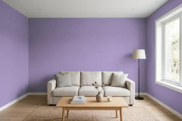 Living room with walls painted Valspar Purple Hills 1001-5B (simulated)