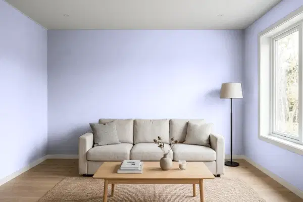 Living room with walls painted Benjamin Moore Purple Lace 2068-60 (simulated)