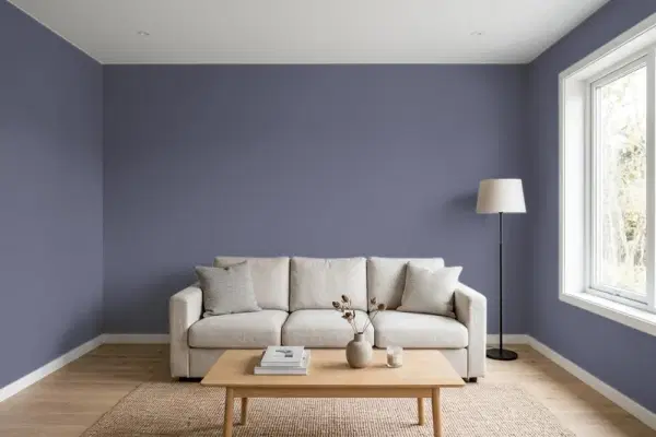 Living room with walls painted Behr Purple Orchid 620F-6 (simulated)