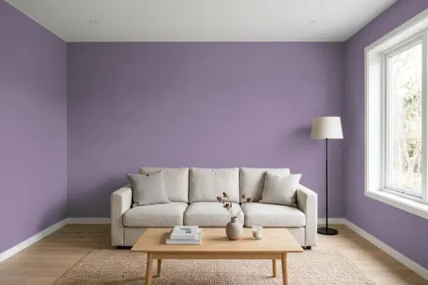 Living room with walls painted Behr Purple Potion S100-5 (simulated)