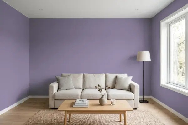 Living room with walls painted Behr Purple Statice 650F-5 (simulated)