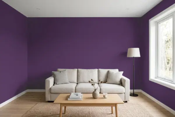 Living room with walls painted Benjamin Moore Purplicious CSP-465 (simulated)