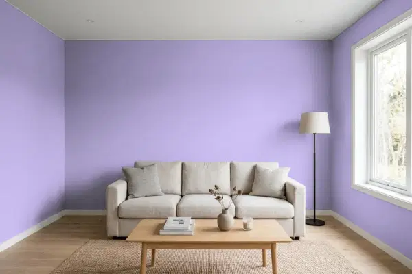 Living room with walls painted PPG Paints Puturple 1248-5 (simulated)