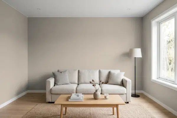 Living room with walls painted Behr Quail Ridge ECC-18-1 (simulated)