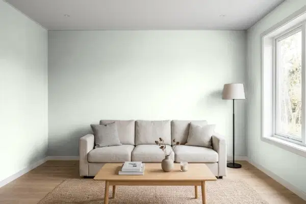 Living room with walls painted Valspar Quiet Mint 5003-1A (simulated)