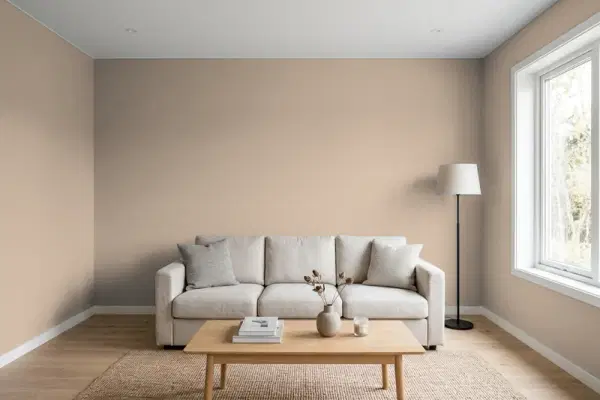 Living room with walls painted Benjamin Moore Quietude CSP-230 (simulated)