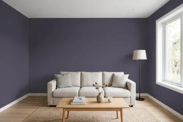 Living room with walls painted Sherwin-Williams Quixotic Plum SW 6265 (simulated)