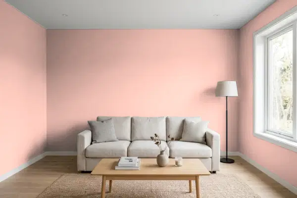 Living room with walls painted Sherwin-Williams Rachel Pink SW 0026 (simulated)