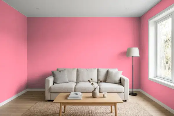 Living room with walls painted Benjamin Moore Radiant Rose 1327 (simulated)