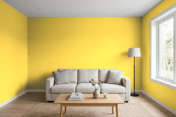 Living room with walls painted Behr Radiant Sun P310-6 (simulated)