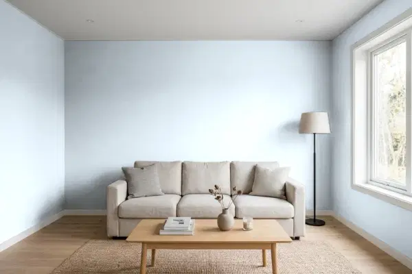 Living room with walls painted Behr Rain Drop 580E-1 (simulated)