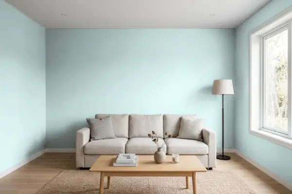 Living room with walls painted Behr Rain Washed 500E-3 (simulated)