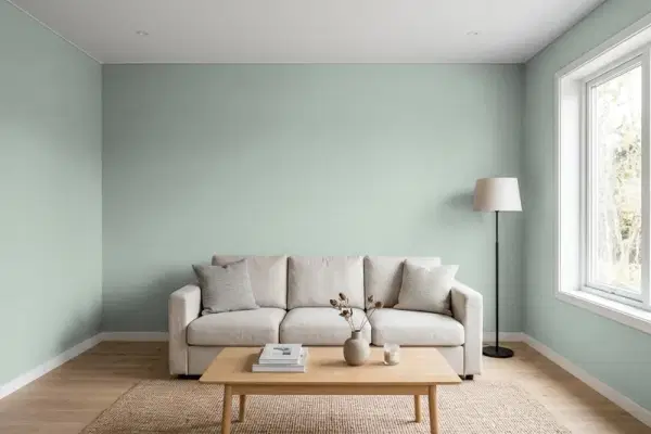 Living room with walls painted Benjamin Moore Raindance 1572 (simulated)