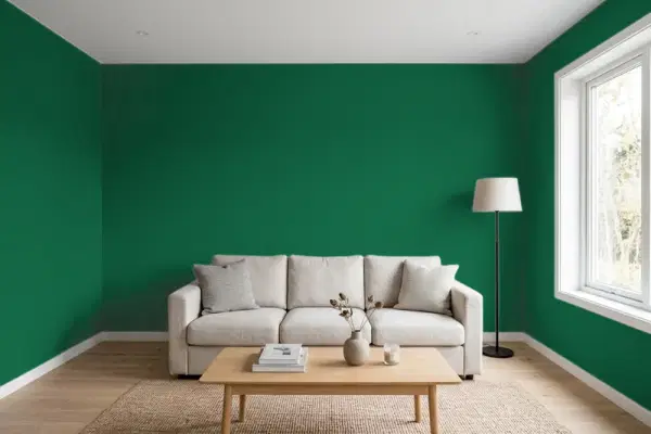 Living room with walls painted Benjamin Moore Rainforest Foliage 2040-10 (simulated)