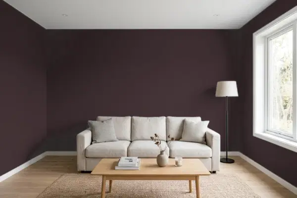 Living room with walls painted Sherwin-Williams Raisin SW 7630 (simulated)