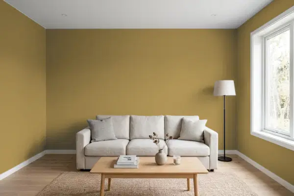 Living room with walls painted Behr Raked Leaves 360F-6 (simulated)