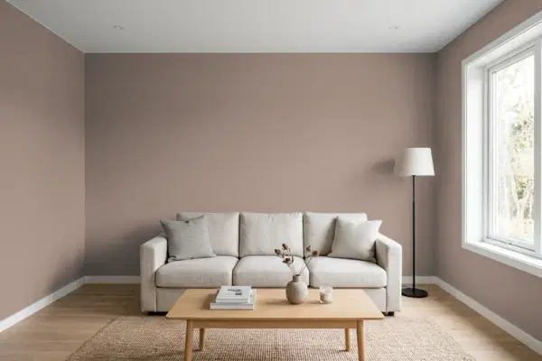 Living room with walls painted PPG Paints Ranch Mink 1075-5 (simulated)