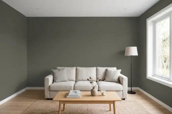 Living room with walls painted Benjamin Moore Randolph Gray CW-85 (simulated)