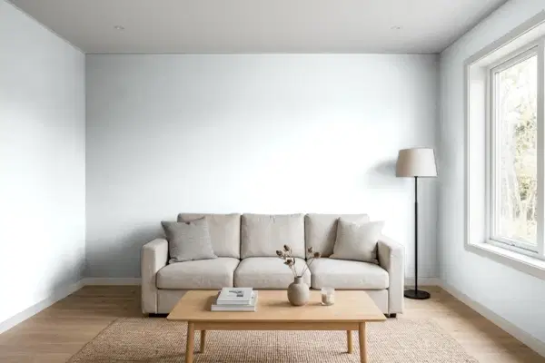 Living room with walls painted Sherwin-Williams Rarified Air SW 6525 (simulated)