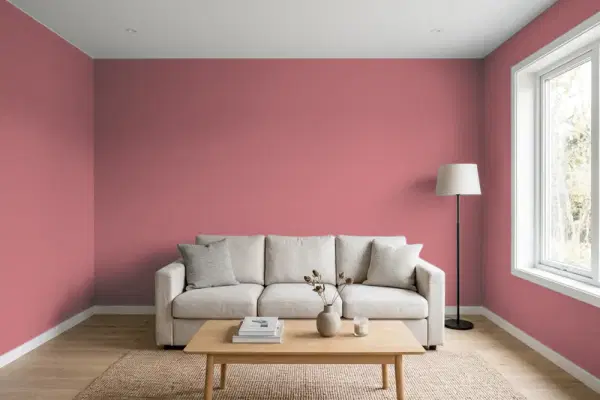 Living room with walls painted Benjamin Moore Raspberry Glacé CSP-430 (simulated)
