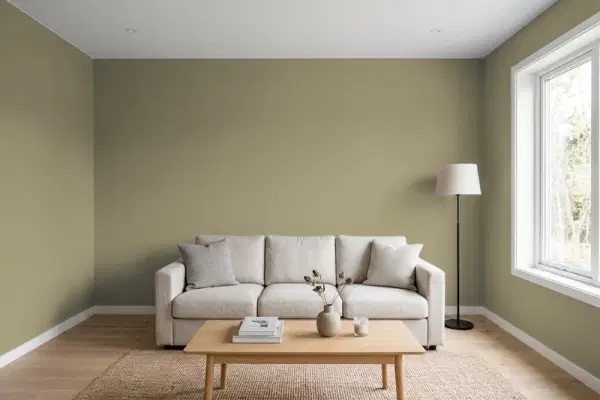 Living room with walls painted PPG Paints Rattan Palm 1027-5 (simulated)