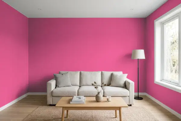 Living room with walls painted Benjamin Moore Razzle Dazzle 1348 (simulated)