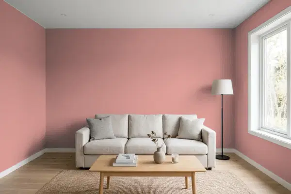 Living room with walls painted Behr Red Clover S150-4 (simulated)