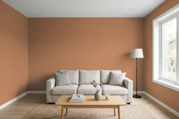Living room with walls painted PPG Paints Red Rock Falls 16-06 (simulated)