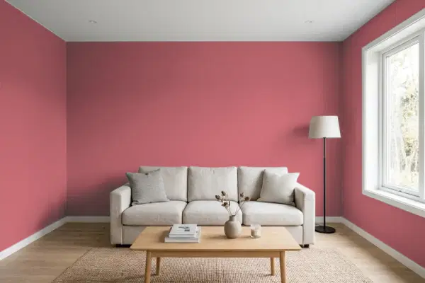 Living room with walls painted Sherwin-Williams Redbud SW 6312 (simulated)