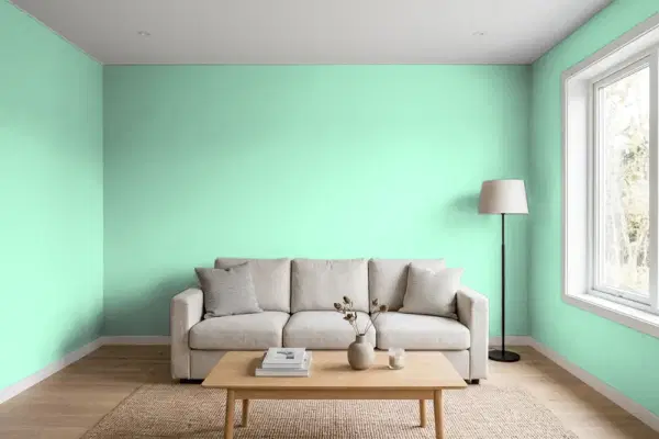 Living room with walls painted Behr Reef Green 470A-3 (simulated)