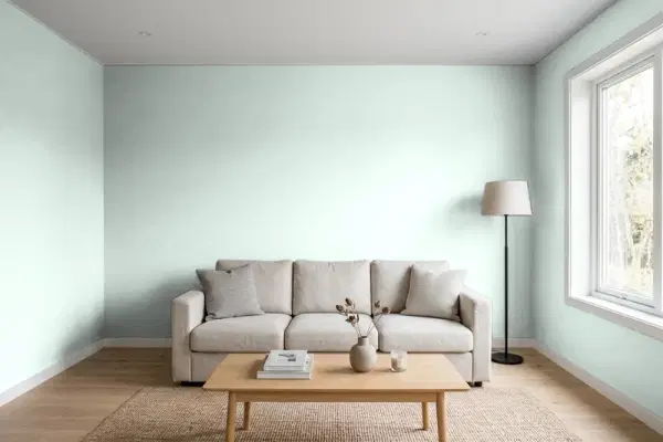 Living room with walls painted Behr Reflecting Moment S430-1A (simulated)