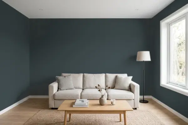 Living room with walls painted Benjamin Moore Regent Green 2136-20 (simulated)