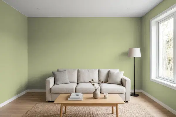Living room with walls painted Behr Rejuvenation S370-4 (simulated)